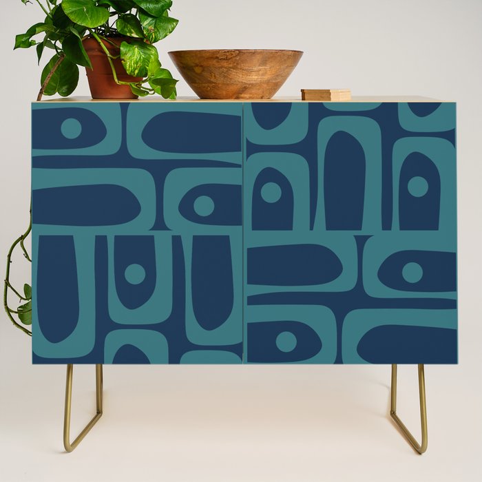 Mid Century Modern Piquet Retro Abstract Multi Pattern in Teal and Navy Blue Credenza Gallery Image 1