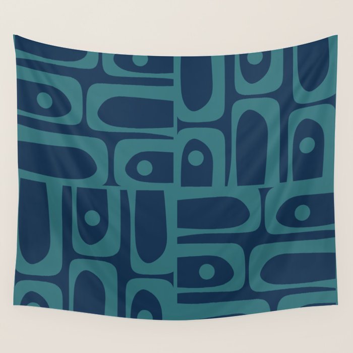 Mid Century Modern Piquet Retro Abstract Multi Pattern in Teal and Navy Blue Wall Tapestry Gallery Image 1
