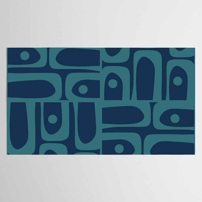 Mid Century Modern Piquet Retro Abstract Multi Pattern in Teal and Navy Blue Tablecloth Gallery Image 2