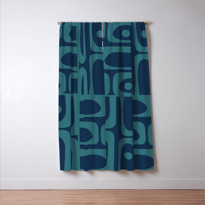 Mid Century Modern Piquet Retro Abstract Multi Pattern in Teal and Navy Blue Window Curtain Gallery Image 3