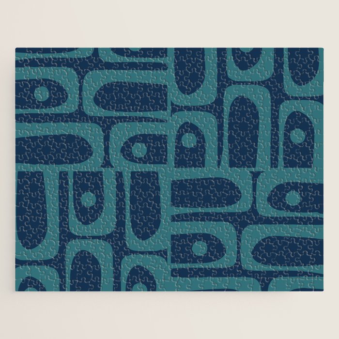 Mid Century Modern Piquet Retro Abstract Multi Pattern in Teal and Navy Blue Jigsaw Puzzle Gallery Image 1