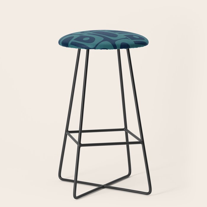 Mid Century Modern Piquet Retro Abstract Multi Pattern in Teal and Navy Blue Stool Gallery Image 1