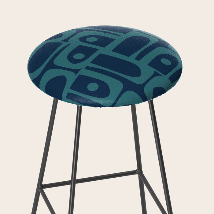 Mid Century Modern Piquet Retro Abstract Multi Pattern in Teal and Navy Blue Stool Gallery Image 2