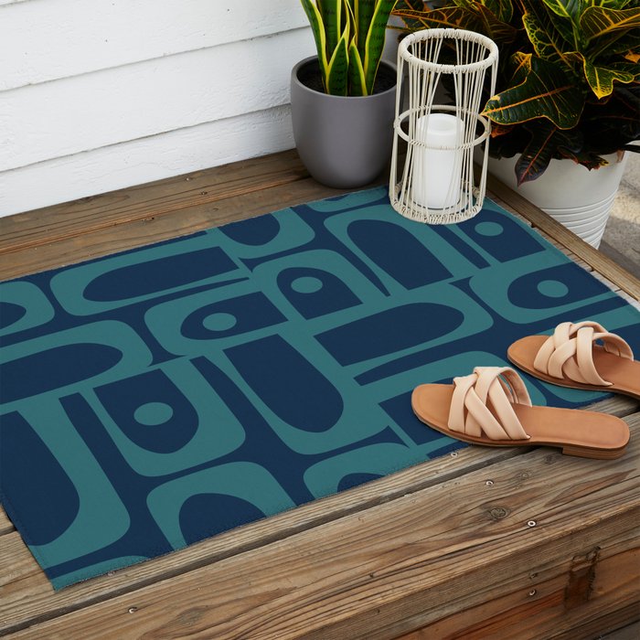 Mid Century Modern Piquet Retro Abstract Multi Pattern in Teal and Navy Blue Outdoor Rug Gallery Image 2
