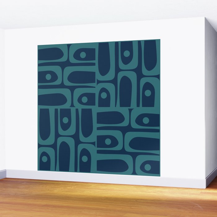Mid Century Modern Piquet Retro Abstract Multi Pattern in Teal and Navy Blue Wall Mural Gallery Image 2