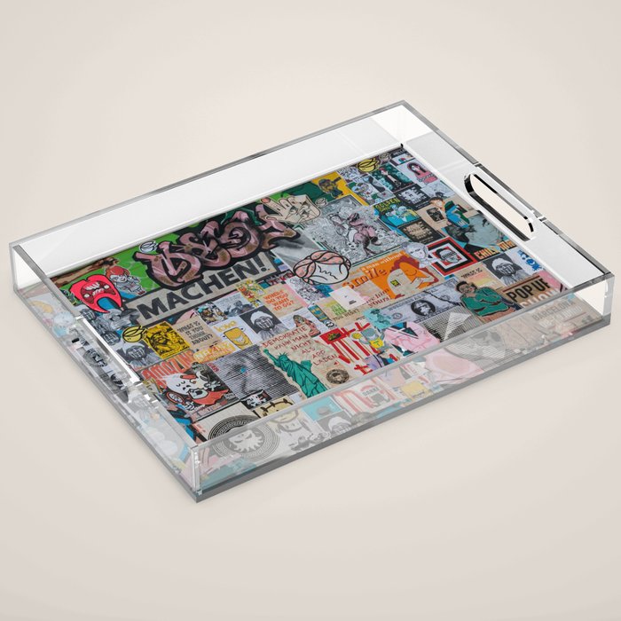 Sticker and graffiti wall background 2 - Berlin street art photography Acrylic Tray Gallery Image 1