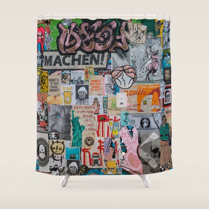 Sticker and graffiti wall background 2 - Berlin street art photography Shower Curtain Gallery Image 1
