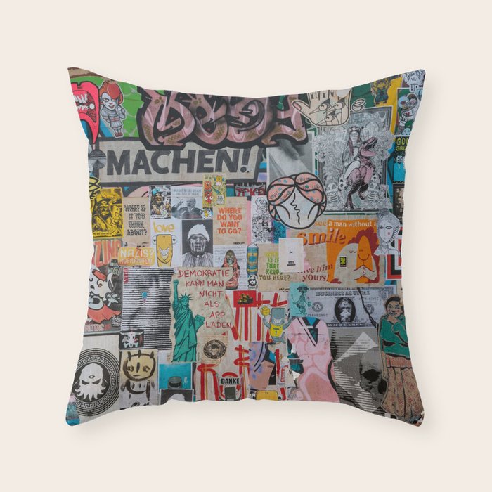 Sticker and graffiti wall background 2 - Berlin street art photography Throw Pillow Gallery Image 6
