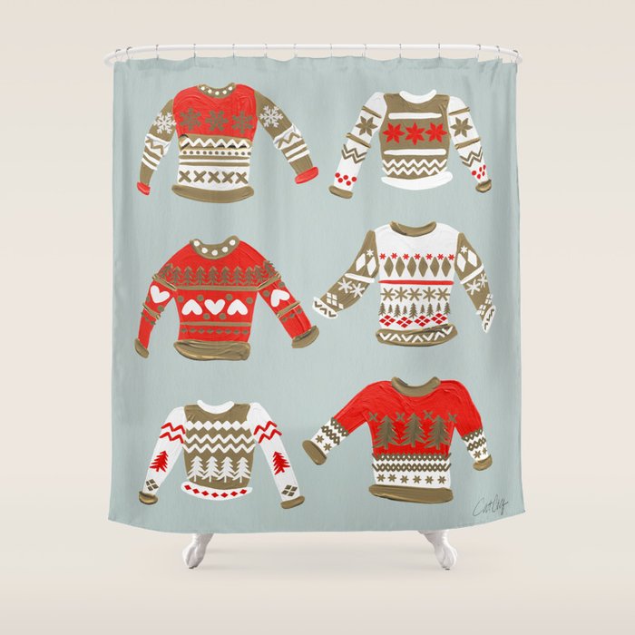 Christmas Sweaters - Vintage Gold & Red Palette Shower Curtain Gallery Image 1