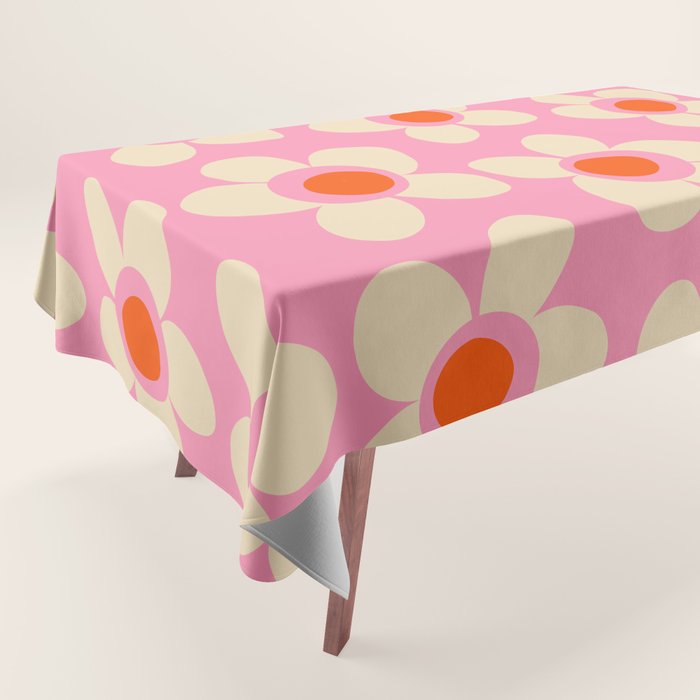 Maisie Flowers Pink Retro Floral Pattern Orange Cream Tablecloth Gallery Image 1
