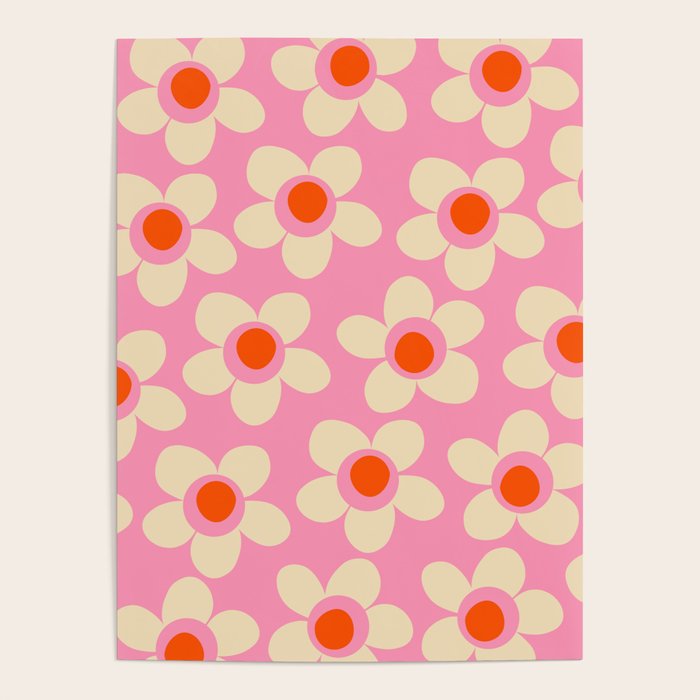 Maisie Flowers Pink Retro Floral Pattern Orange Cream Poster Gallery Image 4