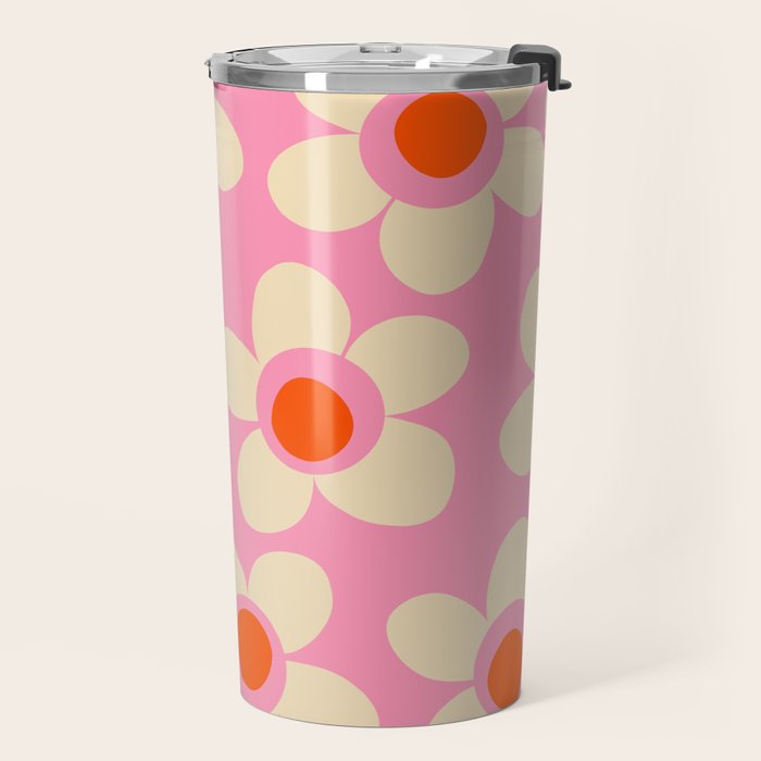Maisie Flowers Pink Retro Floral Pattern Orange Cream Travel Mug Gallery Image 2