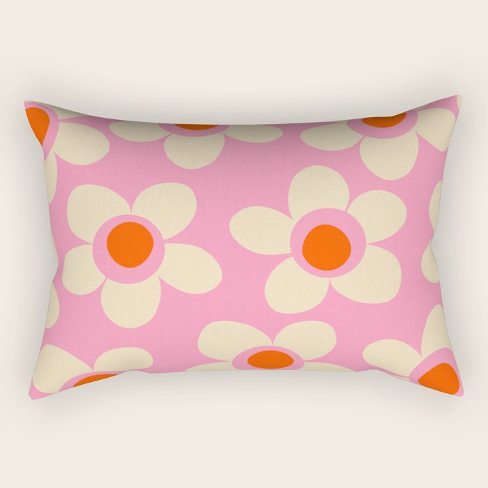 Maisie Flowers Pink Retro Floral Pattern Orange Cream Rectangular Pillow Gallery Image 2
