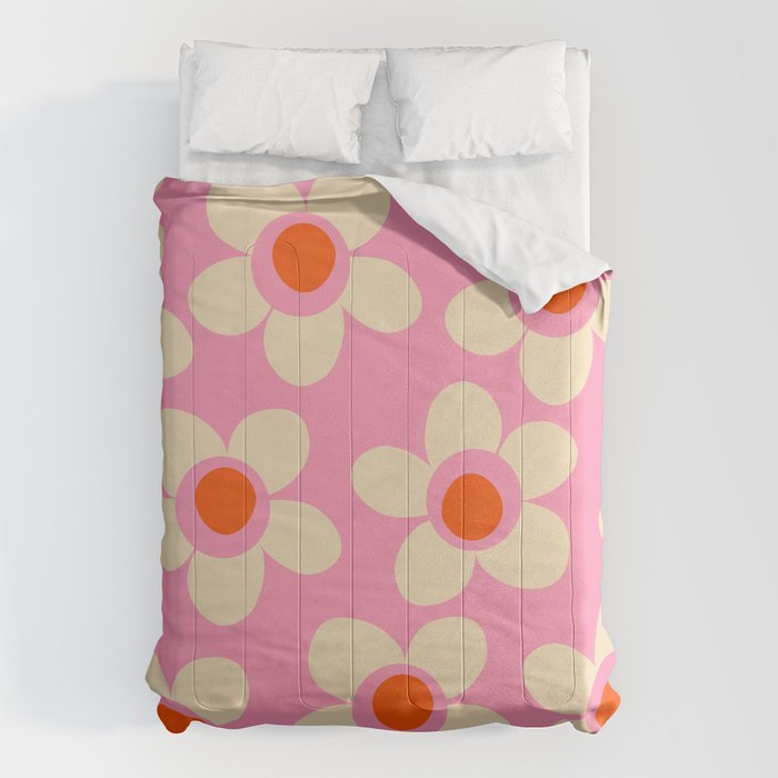 Maisie Flowers Pink Retro Floral Pattern Orange Cream Comforter Gallery Image 1