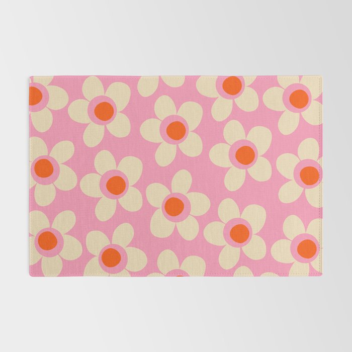 Maisie Flowers Pink Retro Floral Pattern Orange Cream Rug Gallery Image 2