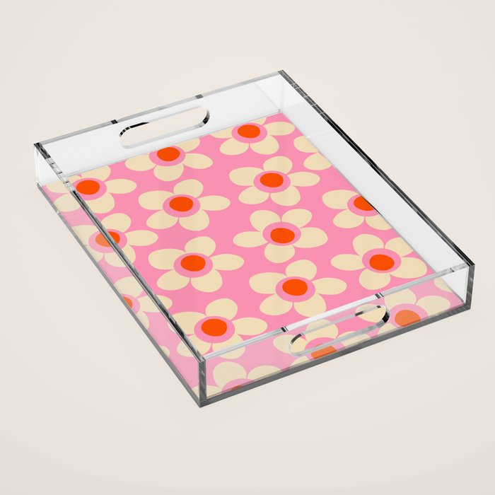 Maisie Flowers Pink Retro Floral Pattern Orange Cream Acrylic Tray Gallery Image 1