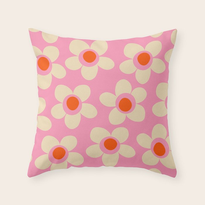 Maisie Flowers Pink Retro Floral Pattern Orange Cream Throw Pillow Gallery Image 1