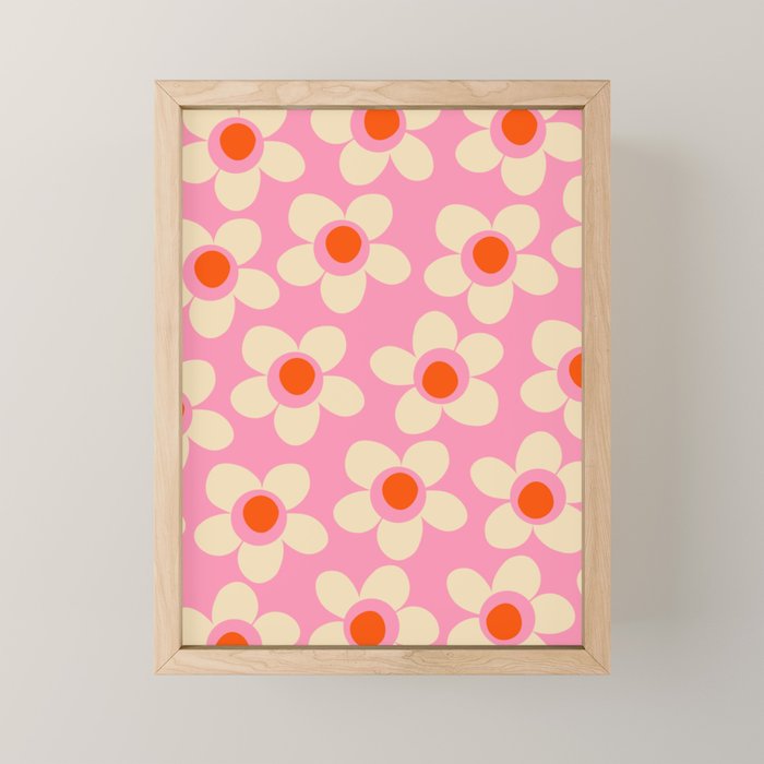 Maisie Flowers Pink Retro Floral Pattern Orange Cream Mini Art Print Gallery Image 1