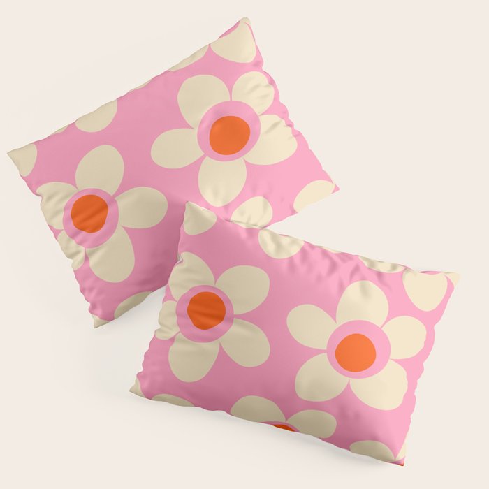 Maisie Flowers Pink Retro Floral Pattern Orange Cream Pillow Sham Gallery Image 3