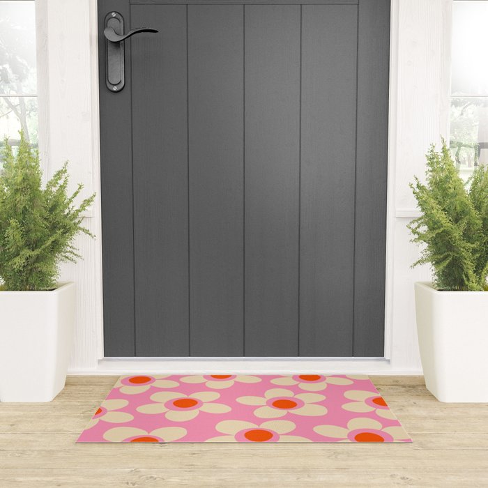 Maisie Flowers Pink Retro Floral Pattern Orange Cream Welcome Mat Gallery Image 3