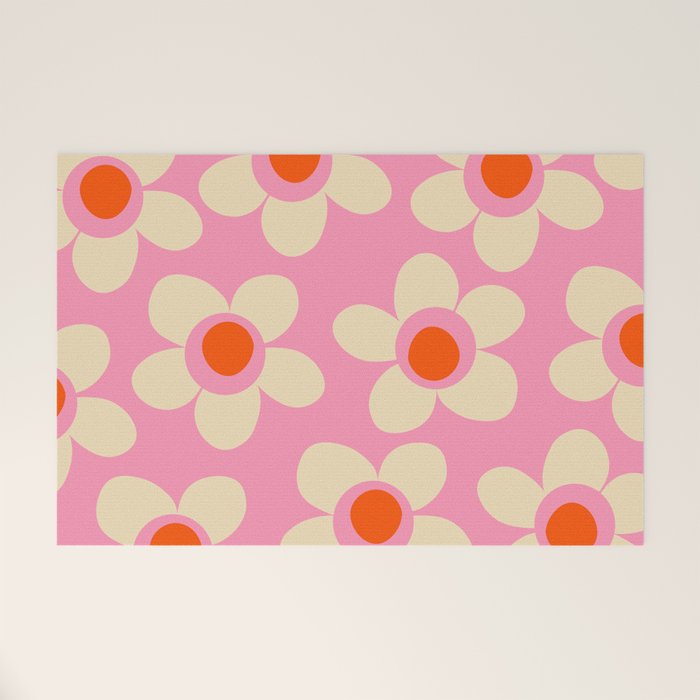 Maisie Flowers Pink Retro Floral Pattern Orange Cream Welcome Mat Gallery Image 1