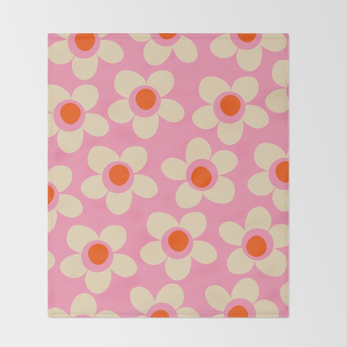 Maisie Flowers Pink Retro Floral Pattern Orange Cream Throw Blanket Gallery Image 2
