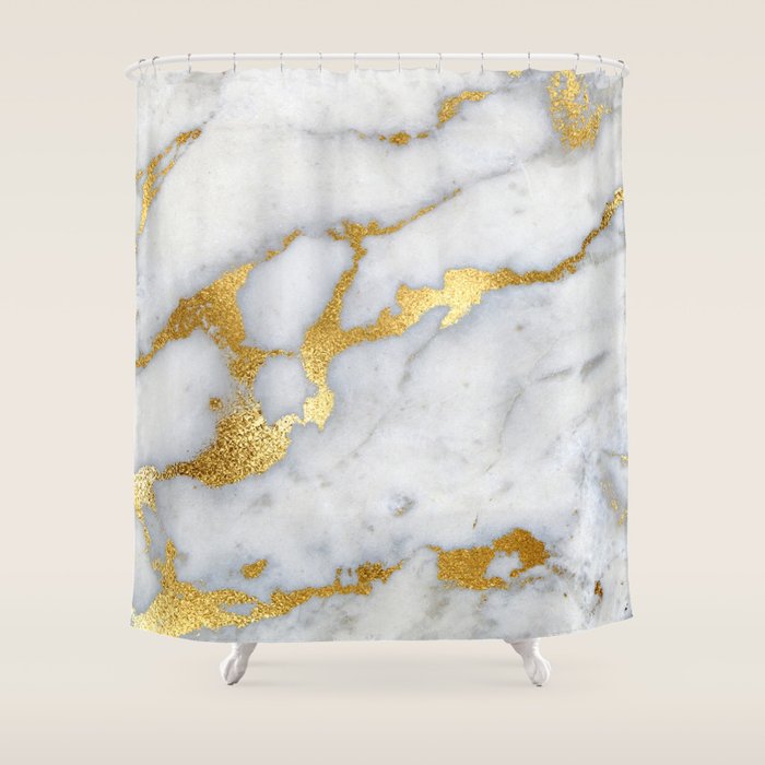 White and Gray Marble and Gold Metal foil Glitter Effect Shower Curtain Gallery Image 1