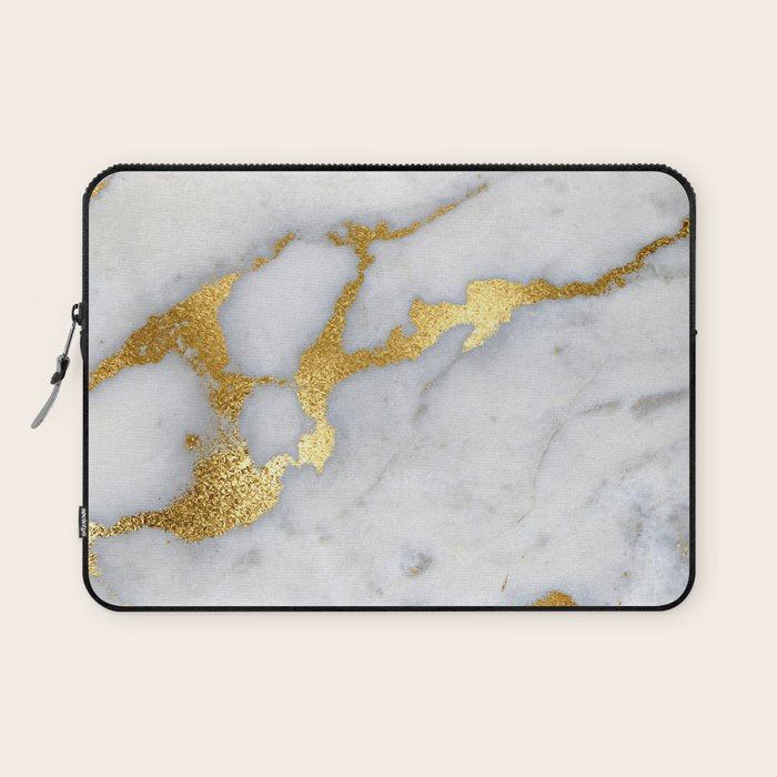 White and Gray Marble and Gold Metal foil Glitter Effect Laptop Sleeve Gallery Image 1