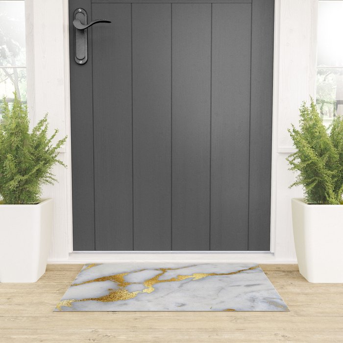 White and Gray Marble and Gold Metal foil Glitter Effect Welcome Mat Gallery Image 3