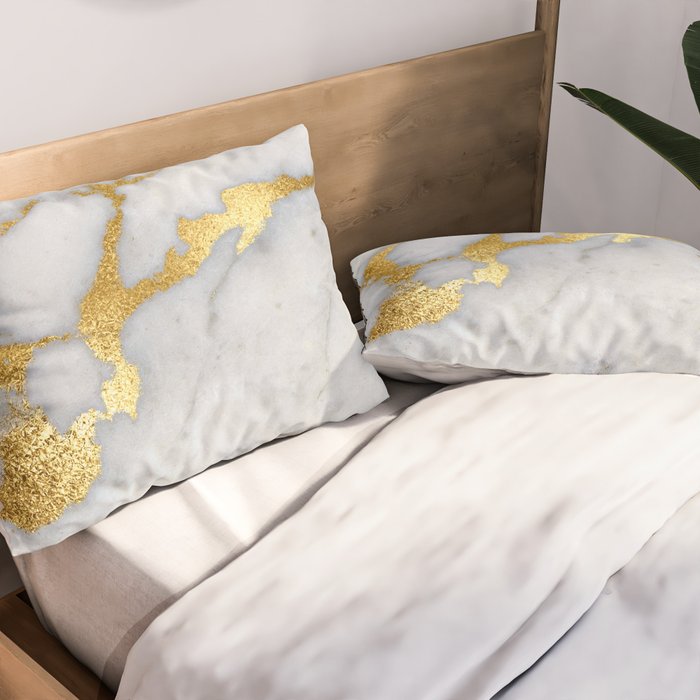 White and Gray Marble and Gold Metal foil Glitter Effect Pillow Sham Gallery Image 2