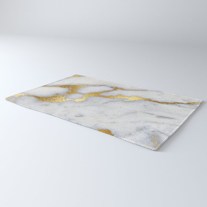 White and Gray Marble and Gold Metal foil Glitter Effect Rug Gallery Image 3