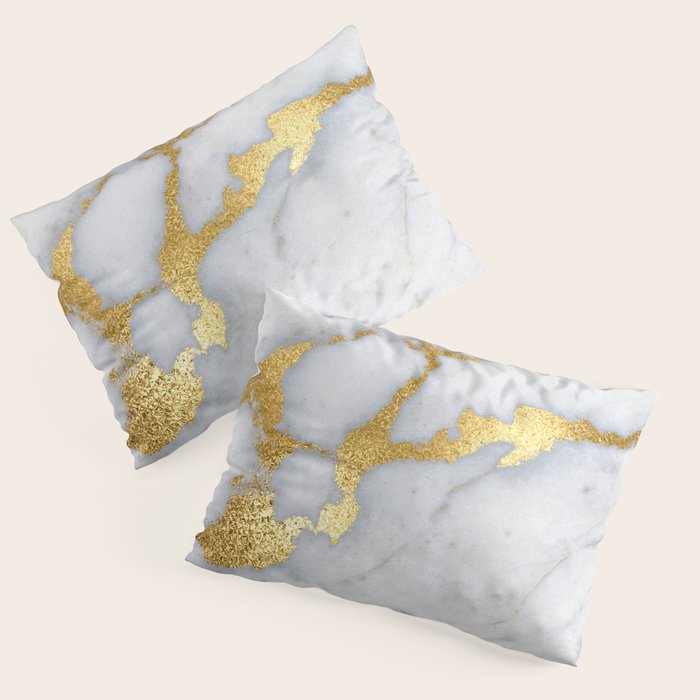 White and Gray Marble and Gold Metal foil Glitter Effect Pillow Sham Gallery Image 3