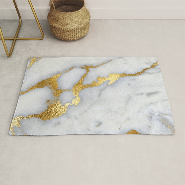 White and Gray Marble and Gold Metal foil Glitter Effect Rug Gallery Image 1