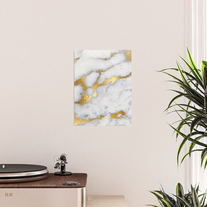 White and Gray Marble and Gold Metal foil Glitter Effect Poster Gallery Image 2