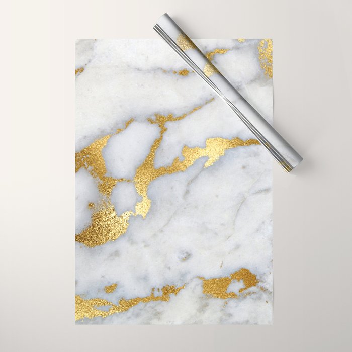 White and Gray Marble and Gold Metal foil Glitter Effect Wrapping Paper Gallery Image 1