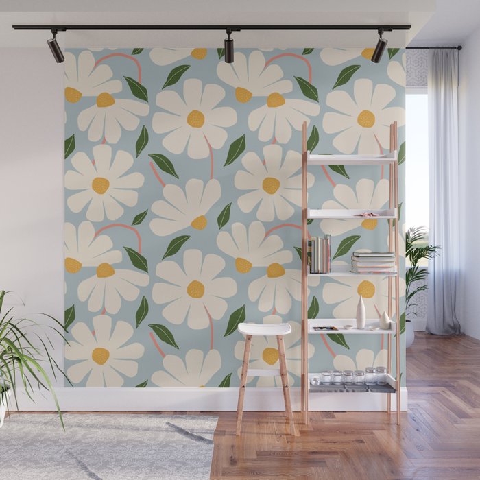 Wild Daisies - blue & pink Wall Mural Gallery Image 1