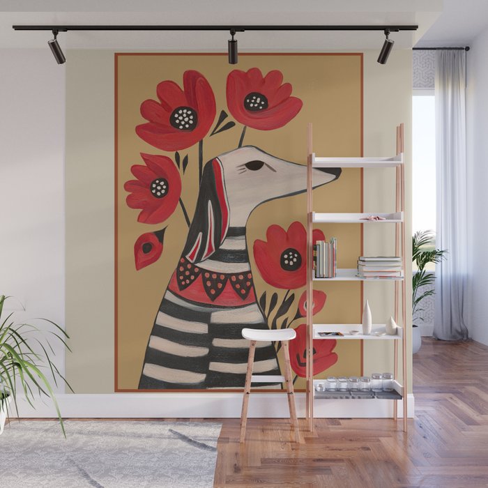 Striped Dog with Poppies Wall Mural Gallery Image 1