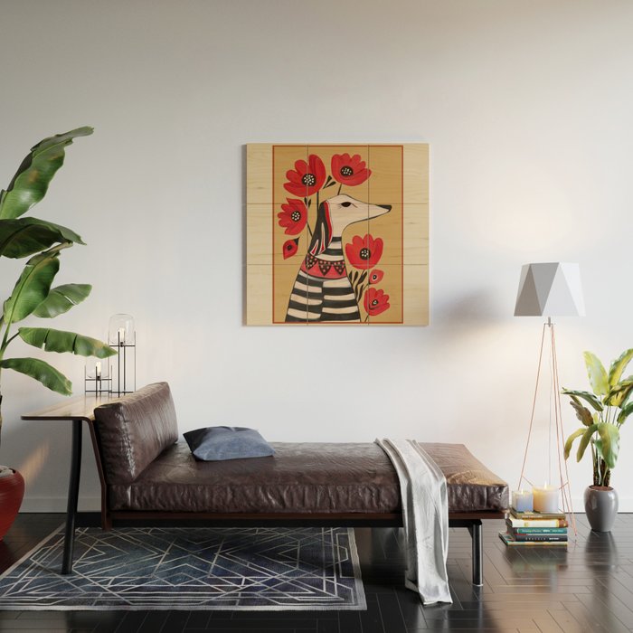 Striped Dog with Poppies Wood Wall Art Gallery Image 2