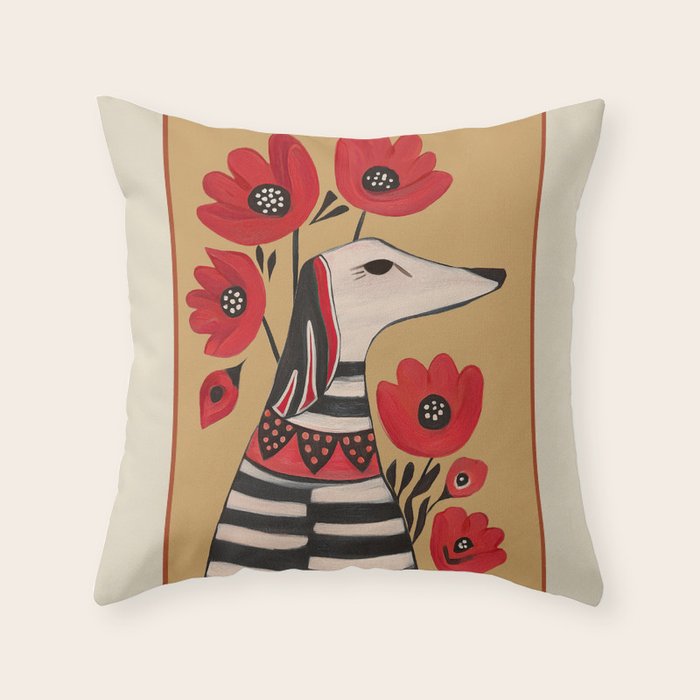 Striped Dog with Poppies Throw Pillow Gallery Image 6