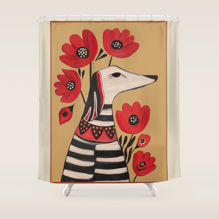 Striped Dog with Poppies Shower Curtain Gallery Image 1