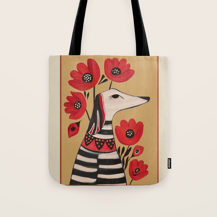 Striped Dog with Poppies Tote Bag Gallery Image 1