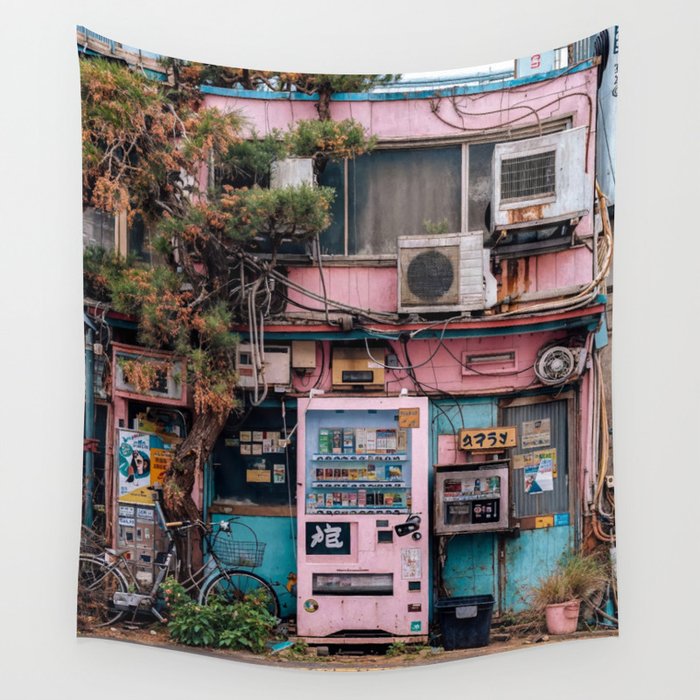 Urban Architecture with Plants and Tree in Front of Vending Machine - Urban Photography Wall Tapestry Gallery Image 1