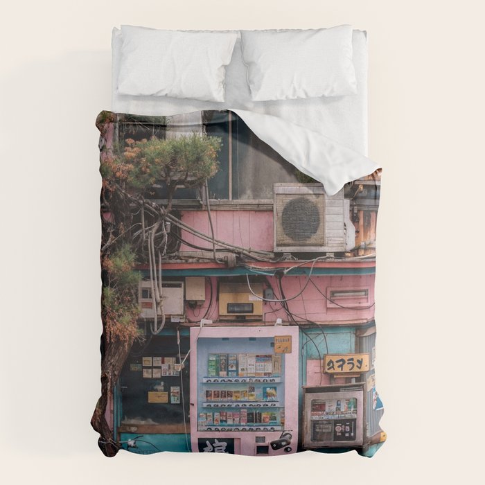 Urban Architecture with Plants and Tree in Front of Vending Machine - Urban Photography Duvet Cover Gallery Image 1