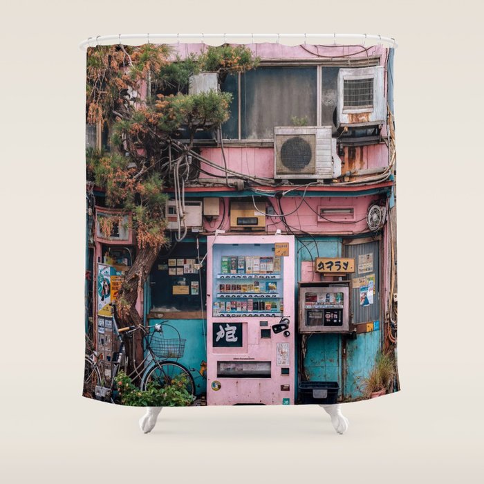 Urban Architecture with Plants and Tree in Front of Vending Machine - Urban Photography Shower Curtain Gallery Image 1