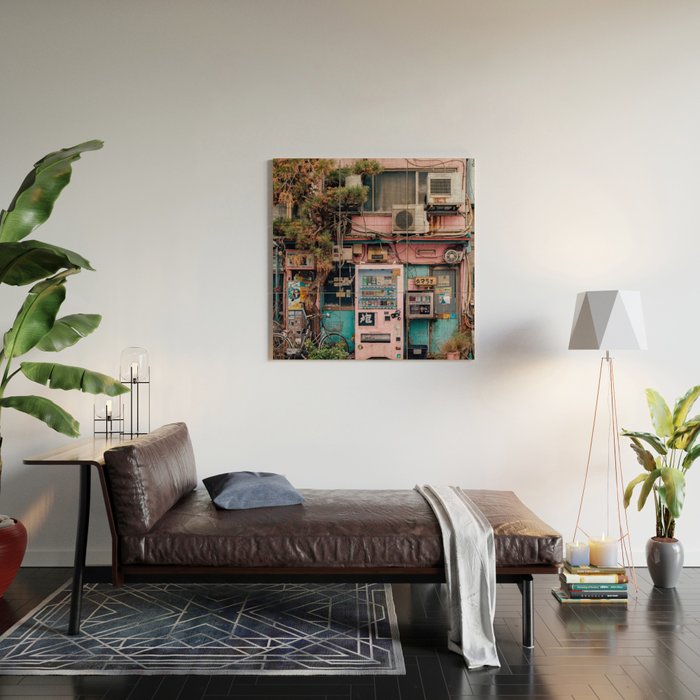 Urban Architecture with Plants and Tree in Front of Vending Machine - Urban Photography Wood Wall Art Gallery Image 2
