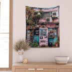 Urban Architecture with Plants and Tree in Front of Vending Machine - Urban Photography Wall Tapestry Gallery Image 2