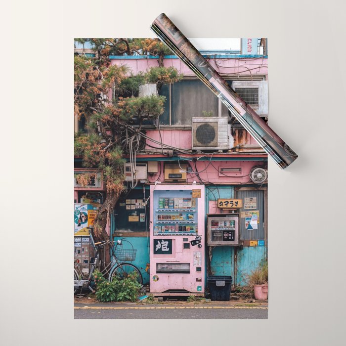 Urban Architecture with Plants and Tree in Front of Vending Machine - Urban Photography Wrapping Paper Gallery Image 1
