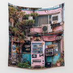 Urban Architecture with Plants and Tree in Front of Vending Machine - Urban Photography Wall Tapestry Gallery Image 4