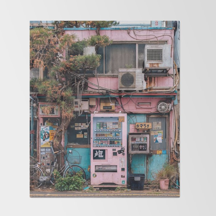 Urban Architecture with Plants and Tree in Front of Vending Machine - Urban Photography Throw Blanket Gallery Image 2