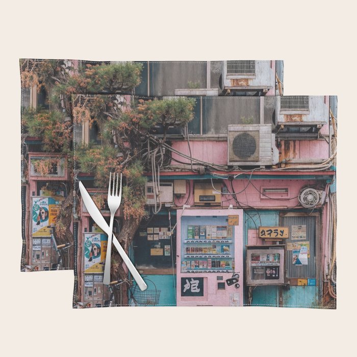 Urban Architecture with Plants and Tree in Front of Vending Machine - Urban Photography Placemat Gallery Image 1